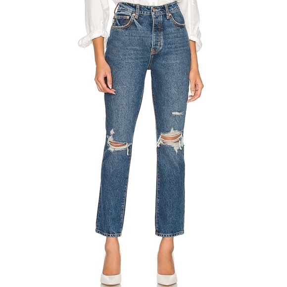 Lovers + Friends Reece High Rise Rigid Slim Straight Distressed Jeans Size 26 - Picture 1 of 8